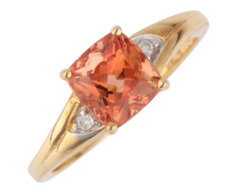 An 18ct gold Imperial topaz and diamond ring, claw set with 2.2ct square cushion-cut topaz and diamond shoulders, setting hei