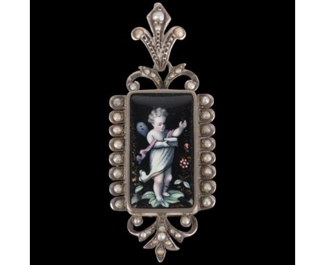 A 19th century French Neo-Classical Revival silver enamel and split pearl locket pendant, the hand painted enamel panel depic
