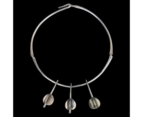 ANTON MICHELSEN - a Danish modernist sterling silver pendant torque necklace, with 3 oxidised and gilded plain concave circul
