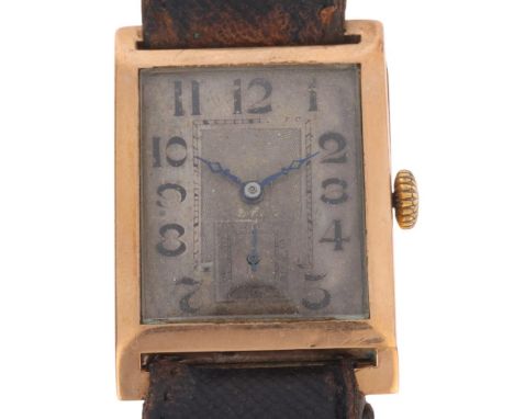 An Art Deco 9ct gold mechanical wristwatch, circa 1920s, silvered engine turned dial with black Arabic numerals, blued steel 