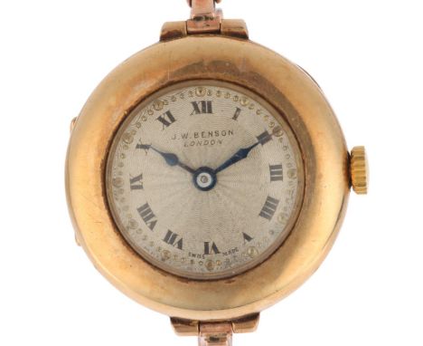 J W BENSON - an Antique 9ct gold mechanical bracelet watch, circa 1920s, silvered engine turned sunburst dial with black Roma