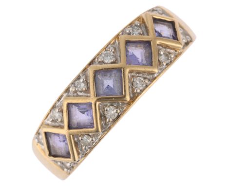A 9ct gold tanzanite and diamond half hoop ring, rub-over set with square step-cut tanzanites and modern round brilliant-cut 
