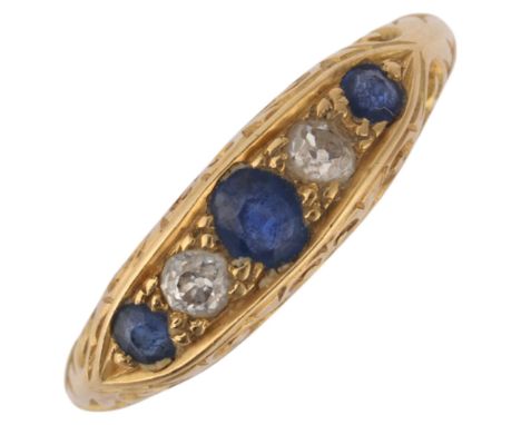 An Antique 18ct gold five stone sapphire and diamond half hoop ring, maker JWB, setting height 4.9mm, size I, 2.8g . Conditio