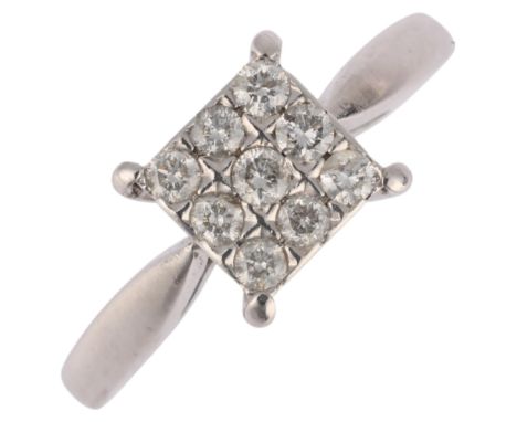 A 18ct white gold diamond square cluster ring, set with modern round brilliant-cut diamonds, total diamond content approx 0.2