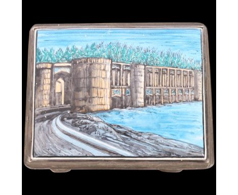 An Iranian white metal enamel 'Khawju Bridge, Isfahan' cigarette case, 8cm x 6.5cm, 2.3oz gross . Condition Report:No damage 