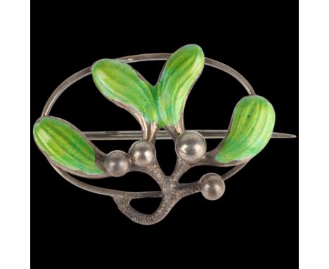 An Antique Art Nouveau silver and green enamel mistletoe openwork brooch, Charles Horner, Chester 1906, 26.2mm, 2.7g . Condit