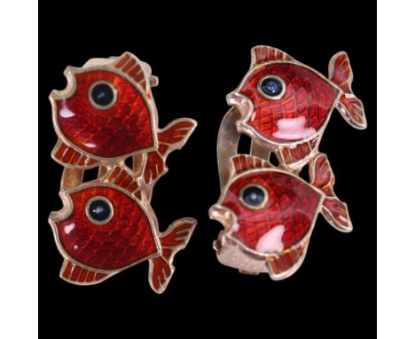 VOLMER BAHNER - a pair of Danish modernist sterling silver red enamel fish clip-on earrings, 22.6mm, 5.7g . Condition Report: