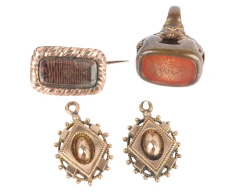Various jewellery, including Georgian gold hairwork mourning brooch, pair of Etruscan Revival drops, and a gilt-metal seal fo