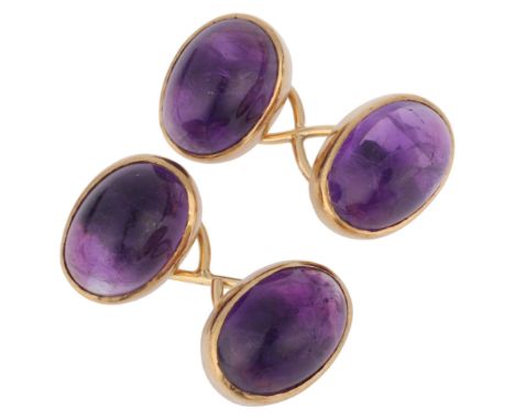 A pair of 9ct gold amethyst cufflinks, rub-over set with oval cabochon amethysts and infinity links, unmarked mount tests as 