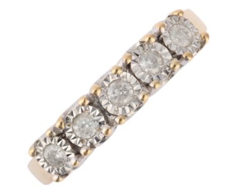 An 18ct gold five stone diamond half hoop ring, illusion set with modern round brilliant-cut diamonds, total diamond content 