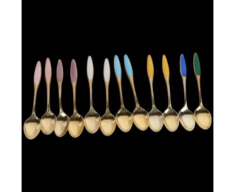 FRIGAST - a set of 12 Danish vermeil sterling silver harlequin enamel coffee spoons, 9.5cm, 3.6oz gross . Condition Report:No