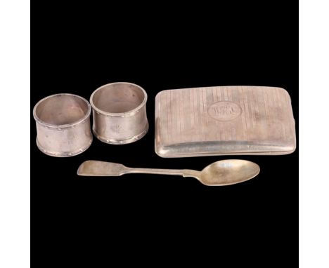 Various silver, including Art Deco curved cigarette case, napkin rings, etc, 9.2oz total . Condition Report:Lot sold as seen 