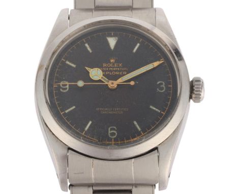 ROLEX - a Vintage stainless steel Oyster Perpetual Explorer automatic bracelet watch, ref. 6610, circa 1958, black dial with 