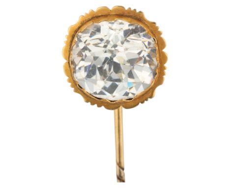An Antique Georgian 9ct gold paste stickpin, cut-down collet set with foil-back round-cut paste, within cut-out surround and 