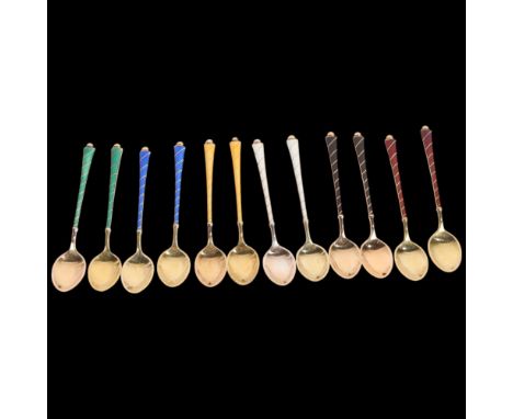 EGON LAURIDSEN - a set of 12 Danish vermeil sterling silver  harlequin enamel coffee spoons, 9.5cm, 2.9oz gross . Condition R