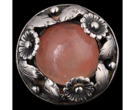 NIELS ERIK FROM - an Art Nouveau style Danish sterling silver rose quartz floral panel ring, set with round cabochon rose qua
