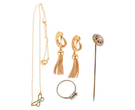 Various jewellery including Victorian pearl and blue enamel star stickpin, 2.7g, 9ct gold crossover ring, 1.8g, and other gol