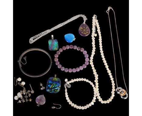 Various jewellery, including silver hinged bangle, amethyst bead bracelet, Murano glass pendants, etc . Condition Report:Lot 