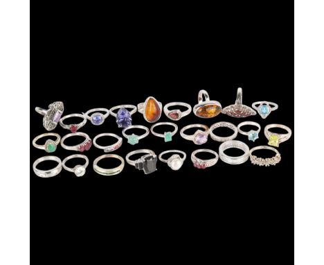 A quantity of silver gem set rings, including amethyst garnet pearl, etc . Condition Report:Lot sold as seen unless specific 