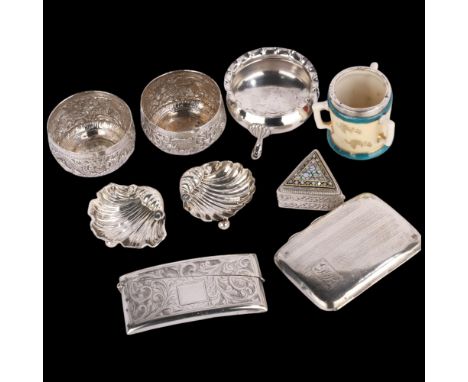 Various silver, including pair of Indian bowls, cigarette case, salt cellar, etc, 6.7oz weighable . Condition Report:Lot sold