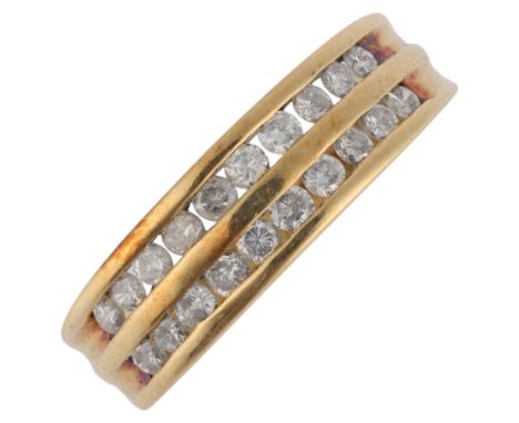 A 14ct gold diamond double-row band ring, channel set with modern round brilliant-cut diamonds, setting height 5.5mm, size K,