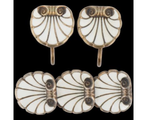 VIGGO PEDERSEN - a Danish modernist silver-gilt white enamel 'Shell' matching brooch and pair of earrings, brooch 36.7mm, ear