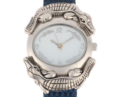 BARRY KIESELSTEIN-CORD - a sterling silver alligator quartz wristwatch, circa 2003, white dial with silvered quarterly Arabic