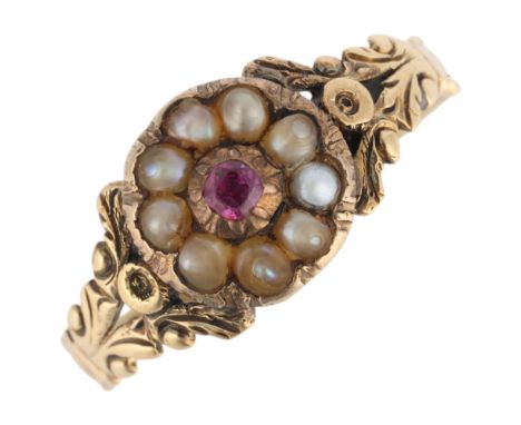 An Antique Victorian ruby and split pearl flowerhead cluster ring, cut-down collet set with cushion-cut ruby surrounded by ro