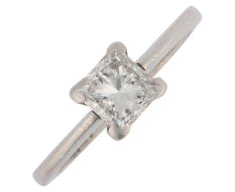 A GIA certified platinum 0.72ct single-stone diamond ring, by Gold Arts, London 2004, claw set with Princess-cut diamond, col