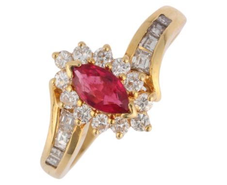 An 18ct gold ruby and diamond marquise cluster ring, set with marquise-cut ruby surrounded by modern round brilliant-cut diam