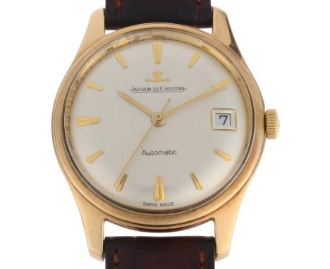 JAEGER LECOULTRE - a Vintage 9ct gold automatic calendar wristwatch, circa 1960s, silvered dial with applied gilt arrowhead h