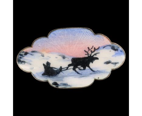O F HJORTDAHL - a Norwegian sterling silver-gilt polychrome enamel 'Winter Sleigh' brooch, oval lobed form, with hand painted