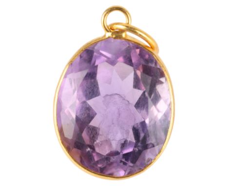 A 14ct gold amethyst drop pendant, rub-over set with oval mixed-cut amethyst, 18.1mm, 0.8g . Condition Report:No damage or re