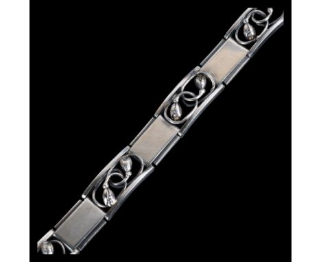 B MARGOSSIAN - an Art Deco style Danish sterling silver floral panel bracelet, band width 12.3mm, 18cm, 36g . Condition Repor