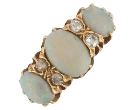 An Antique 18ct gold seven stone opal and diamond half hoop ring, set with oval cabochon opals and single-cut diamonds, setti
