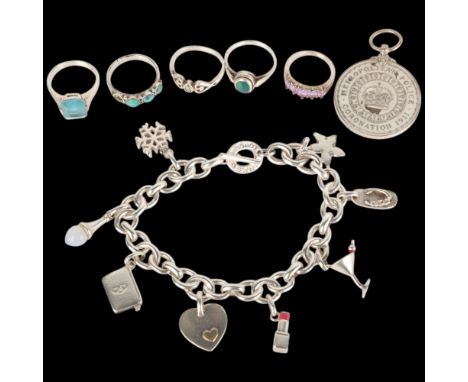 Various jewellery, including Links of London silver charm bracelet, rings, etc . Condition Report:Lot sold as seen unless spe