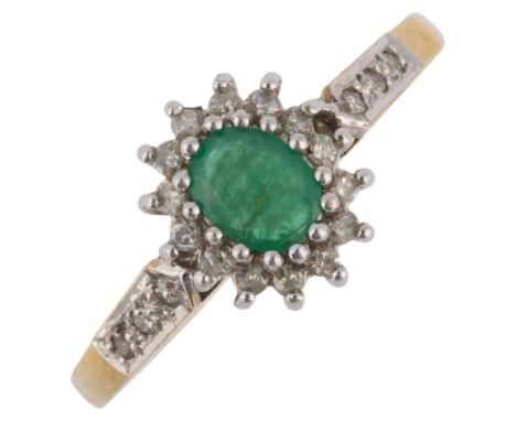 A 9ct gold emerald and diamond cluster ring, maker D & E, London 1990, set with oval mixed-cut emerald and single-cut diamond