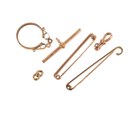 Various 9ct gold jewellery, including T-bar, dog clip, sovereign coin pendant mount, etc, 8.2g . Condition Report:Lot sold as
