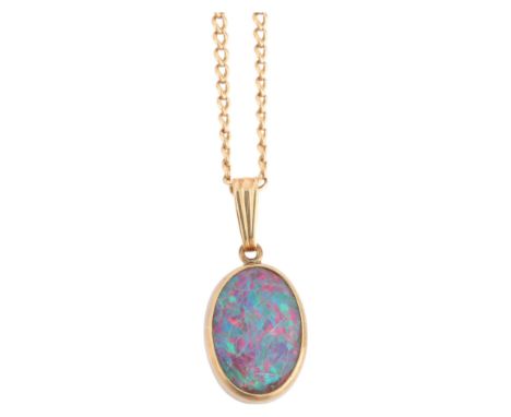 A 9ct gold black opal doublet pendant necklace, on 9ct fine curb link chain, unmarked mount tests as 9ct, pendant 22.7mm, cha