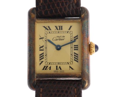 MUST DE CARTIER - a Vintage vermeil sterling silver tank quartz wristwatch, ref. 3 66001, cream dial with black Roman numeral
