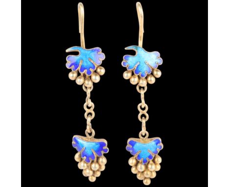 A pair of silver-gilt blue enamel grape drop earrings, with shepherd hook fittings, 44.8mm, 4g . Condition Report:No damage o