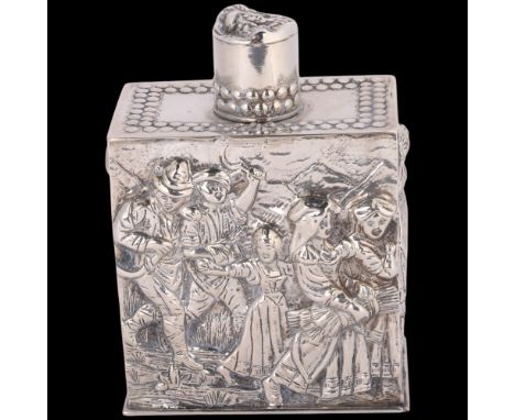 An Antique Dutch silver tea caddy, rectangular form, with allover high relief embossed dancing figural decoration and cylinde