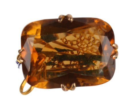 An Antique Edwardian 9ct gold citrine brooch, set with 8.15ct cushion-cut citrine, citrine measures approx: 16.38 x 12.35 x 6