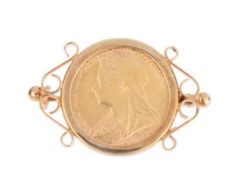 A Victoria 1896 gold half sovereign coin, in 9ct gold brooch mount, 31.1mm, 5.7g . Condition Report:No damage or repair, only