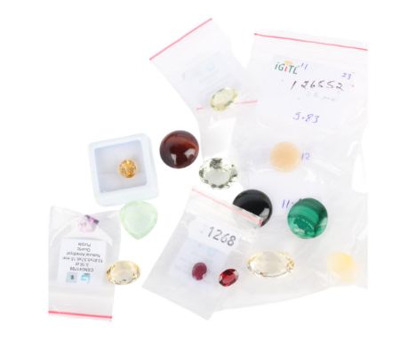 A quantity of unmounted gemstones, including opal citrine aquamarine amethyst malachite etc, most with gemstone reports . Con