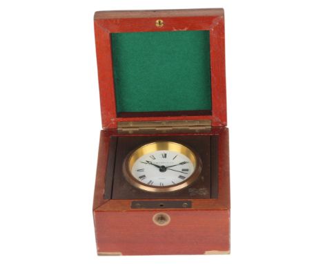 TIFFANY & CO - a mahogany and brass ship's marine chronometer style quartz desk clock, case width 11.5cm, working order . Con