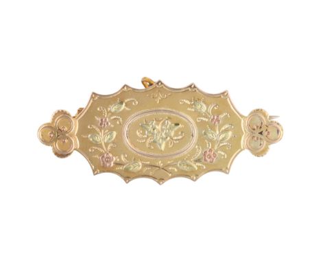 An Antique Victorian 9ct three-colour gold brooch, maker WCM, Birmingham 1892, oval lobed form with applied floral decoration