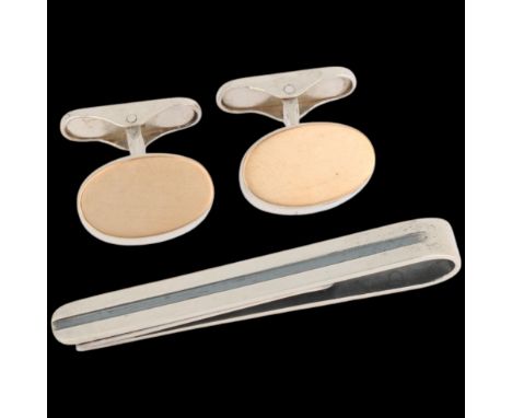 HANS HANSEN - a Danish modernist sterling silver tie clip and pair of cufflinks, clip 56.8mm, gilt cufflinks 19.3mm, 33.3g to