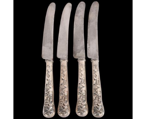 PAUL STORR - a set of 4 George III silver-handled 'Stag Hunt' knives, probably London 1816, with engraved crest depicting bea