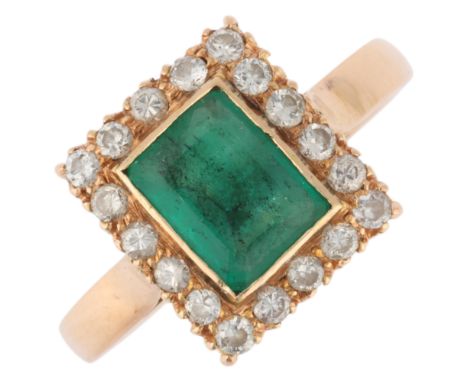 A 14ct gold emerald and diamond cluster ring, rub-over set with octagonal step-cut emerald surrounded by modern round brillia